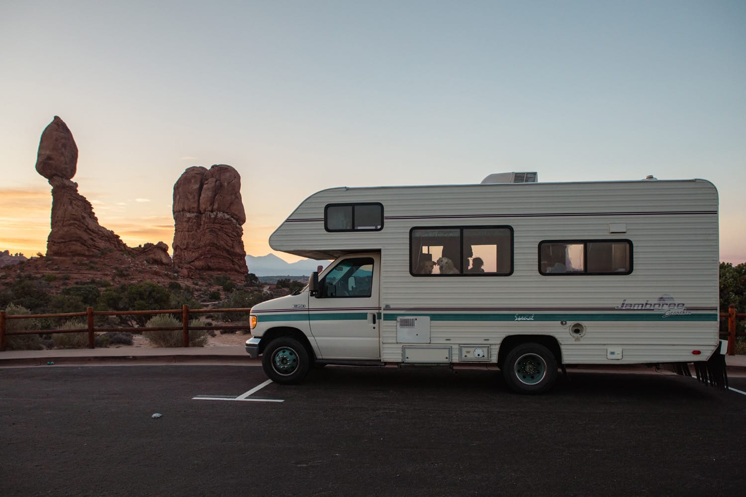 Janet the 1993 Fleetwood Jamboree Searcher parked at sunrise in Arches National Park in Utah.